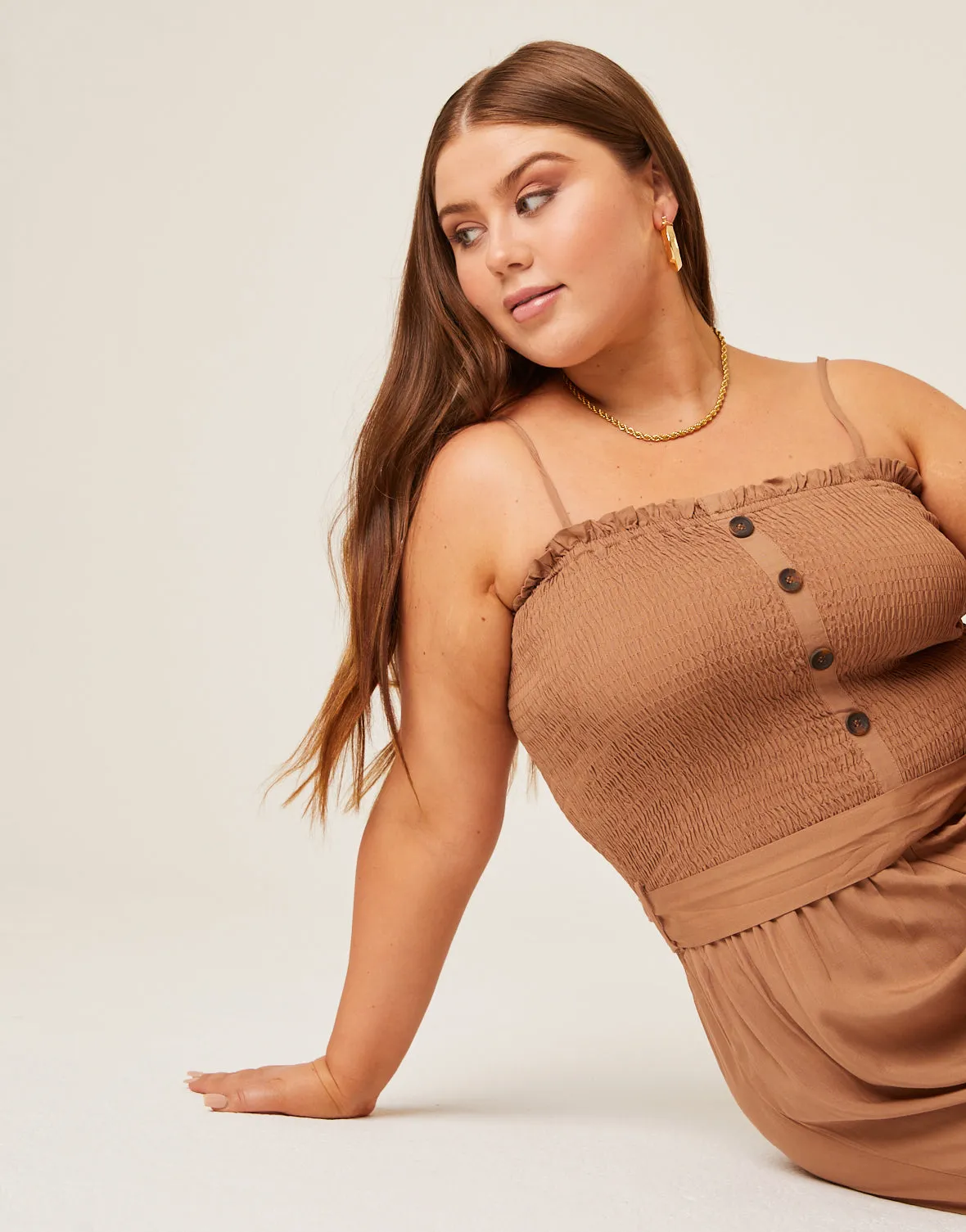 Plus Size Smocked Tie Belt Jumpsuit