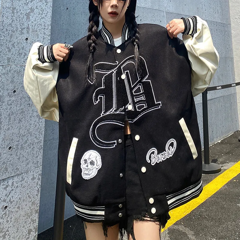 PopFlying Vintage Letterman Baseball Jacket Skull