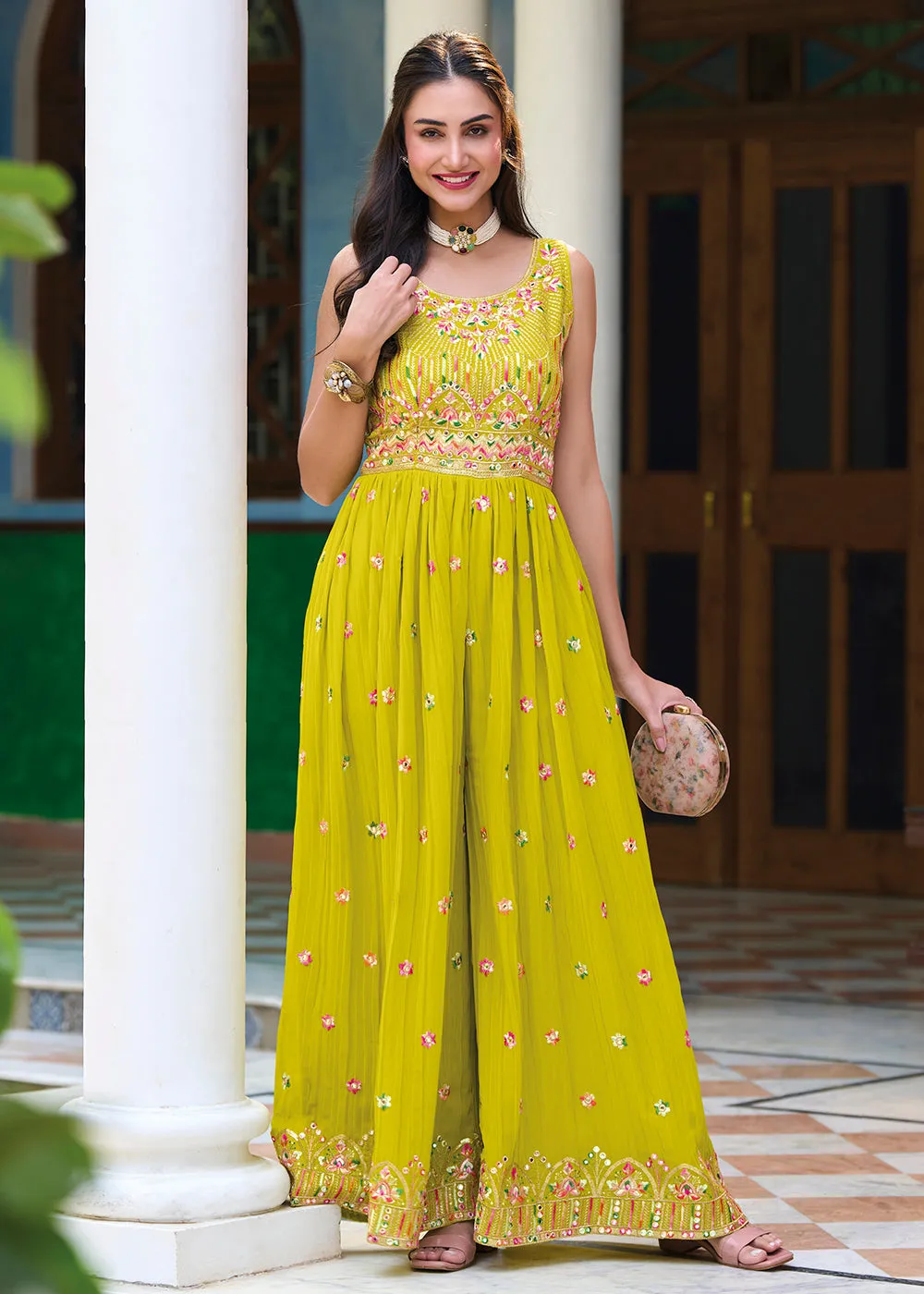 Pretty Mustard Indo-Western Embroidered Georgette Jumpsuit