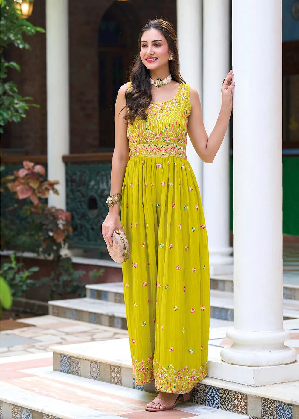 Pretty Mustard Indo-Western Embroidered Georgette Jumpsuit