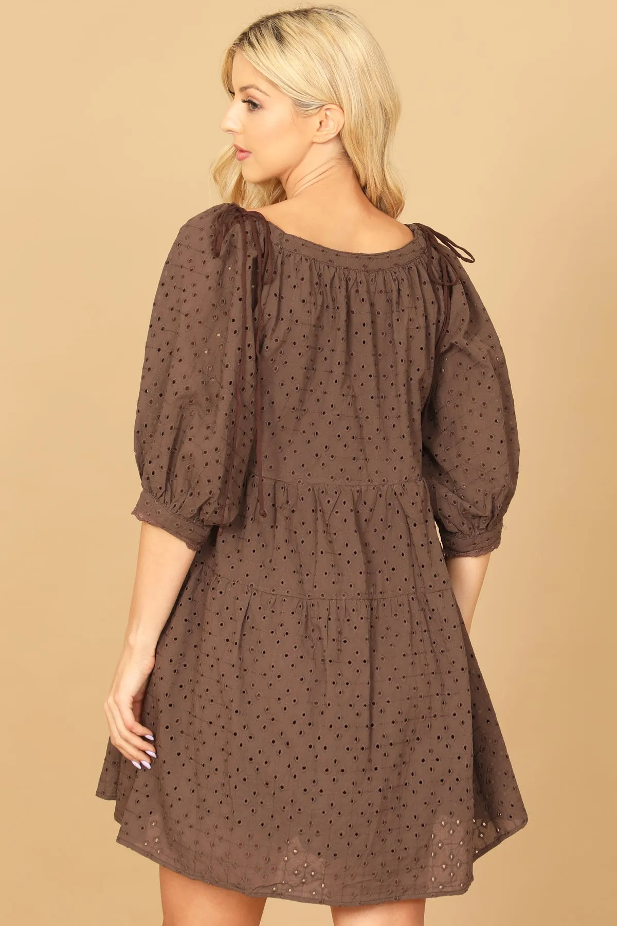 PUFF SLEEVE EYELET BABYDOLL MINI DRESS 2-2-1