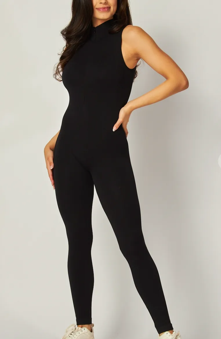 Seamless Fine Ribbed Zip Mock Neck Front Jumpsuit