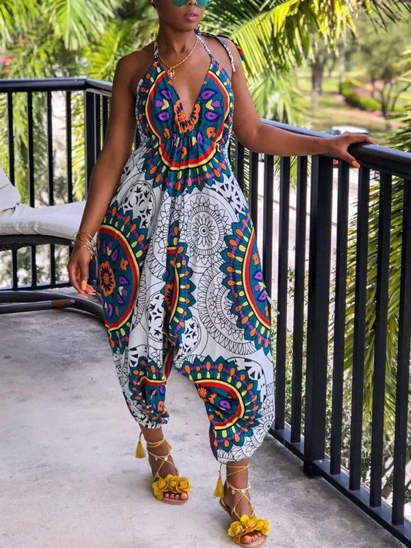 Sexy Totem Print Wide Leg Jumpsuit