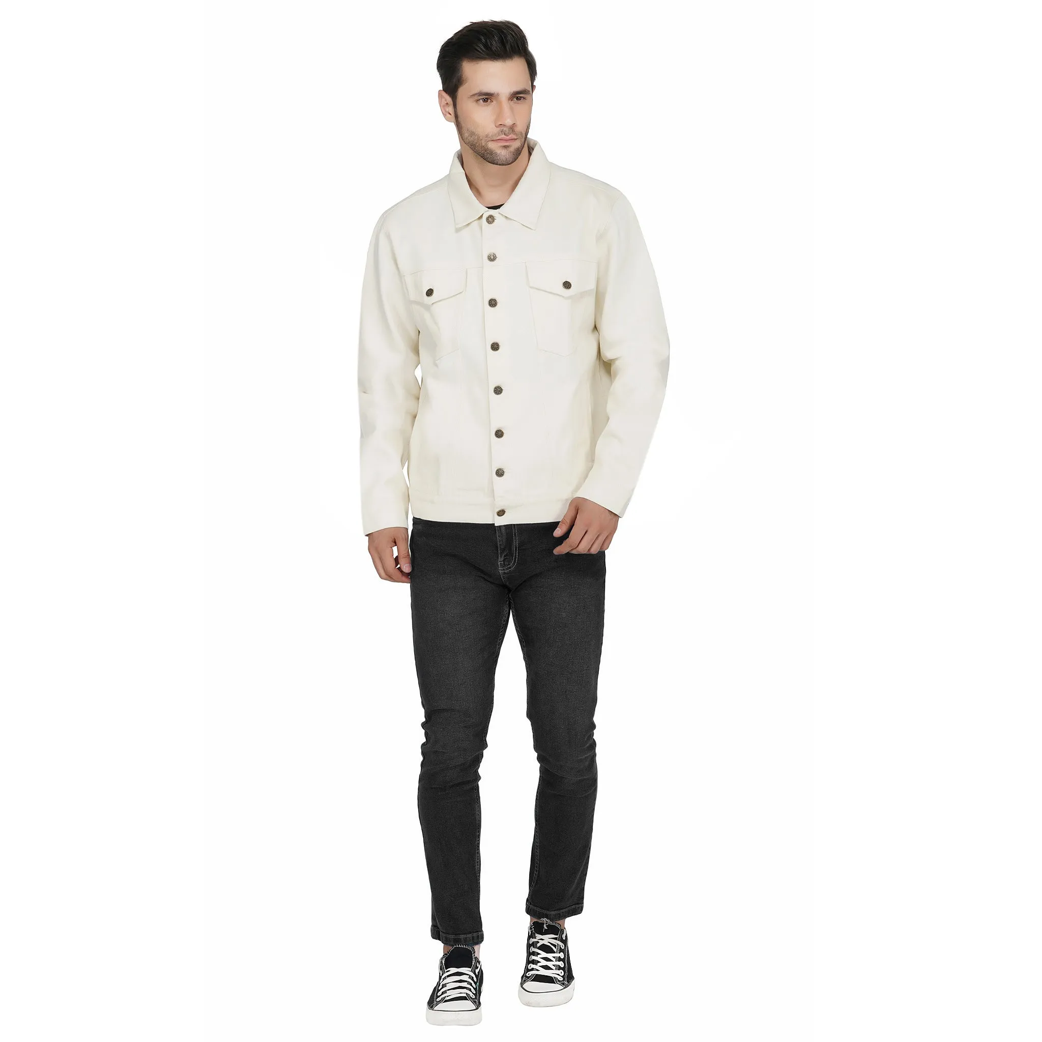 SLAY. Men's Off-White Vintage Button-Down Denim Biker Jacket