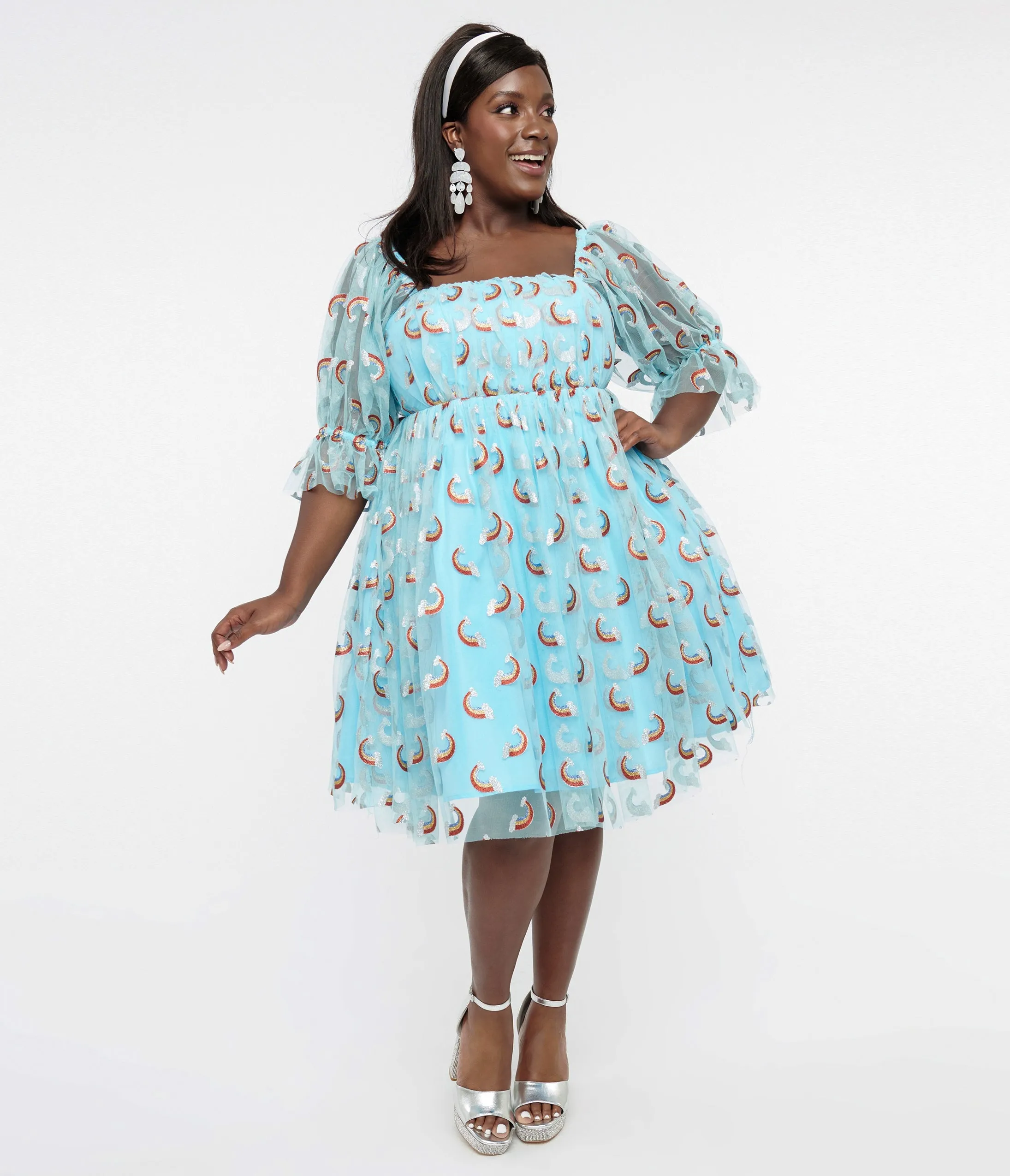 Smak Parlour Plus Size Sky Blue & Glitter Rainbows Love Interest Babydoll Dress