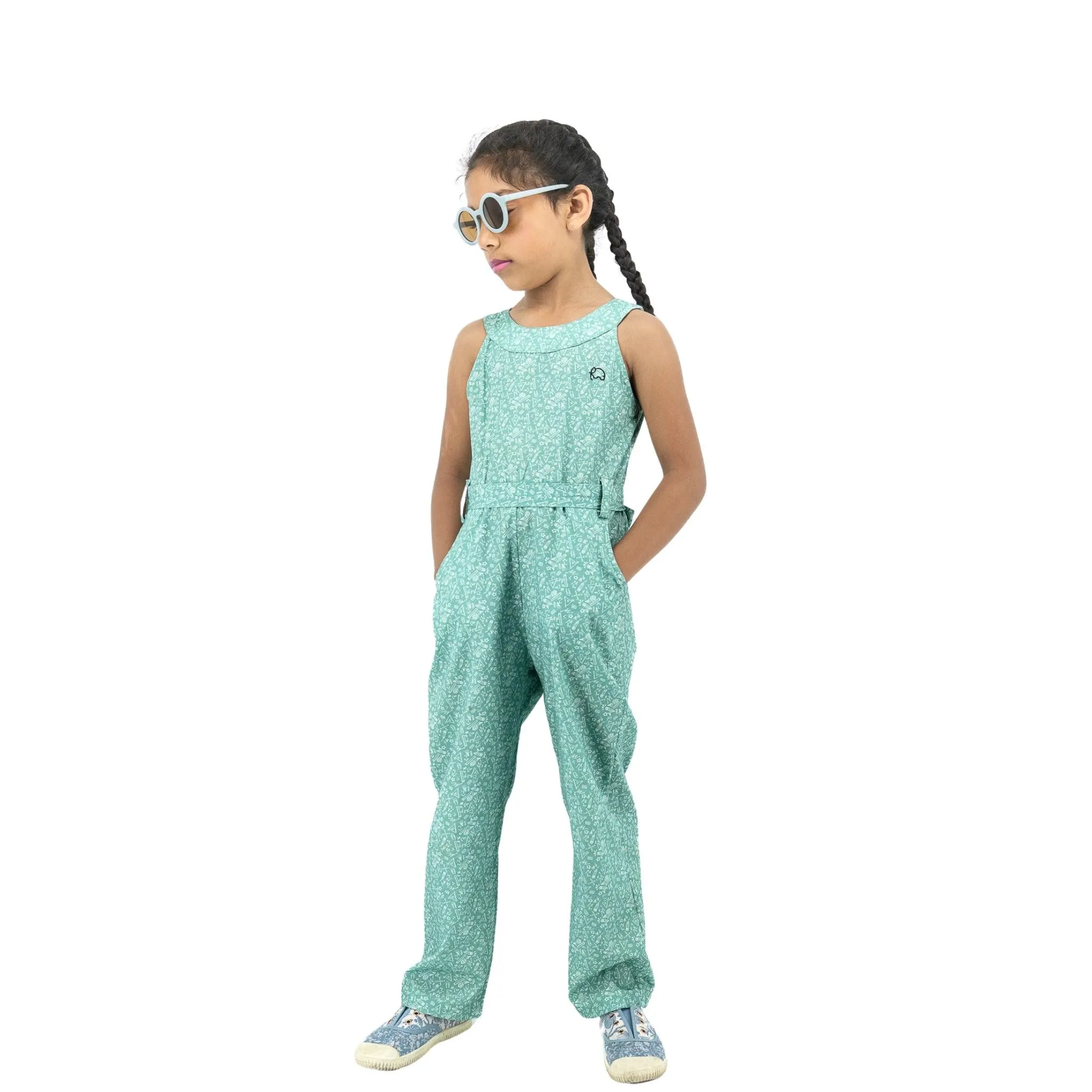 Smoke Green Cotton Jumpsuit For Girls