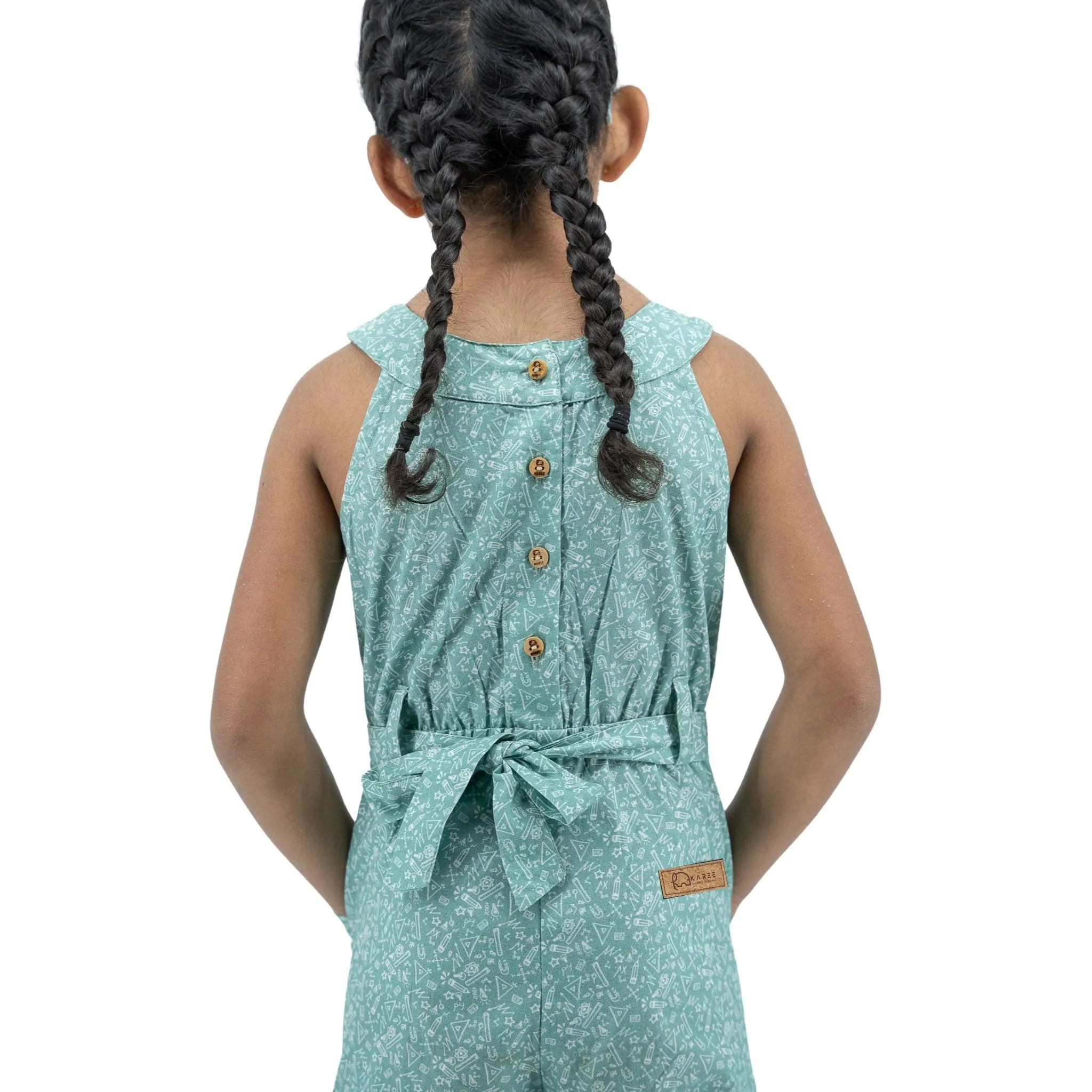 Smoke Green Cotton Jumpsuit For Girls