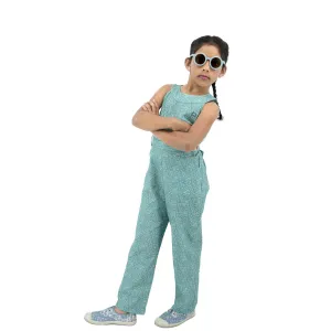 Smoke Green Cotton Jumpsuit For Girls