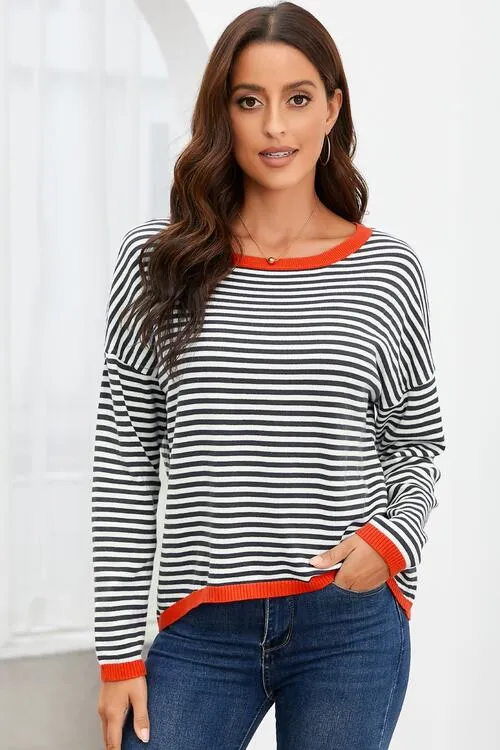 Striped Round Neck Drop Shoulder T-Shirt