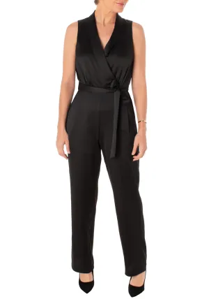 Taylor V-neck sleeveless tie waist zipper back satin jumpsuit