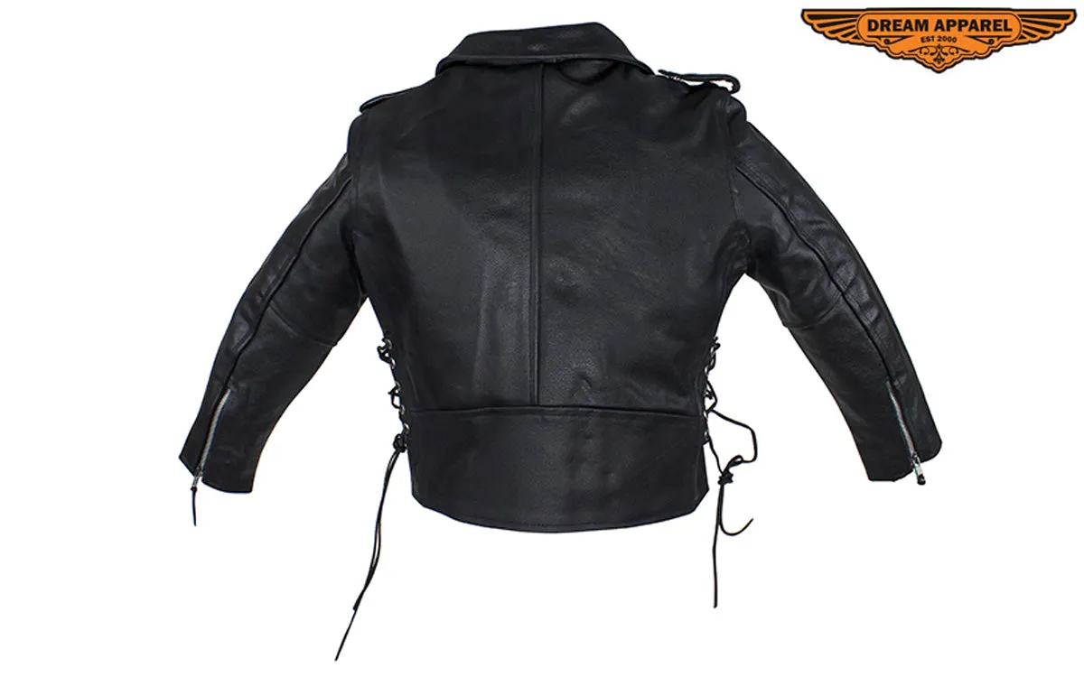 Teens Leather Motorcycle Jacket With Snap Down Collar