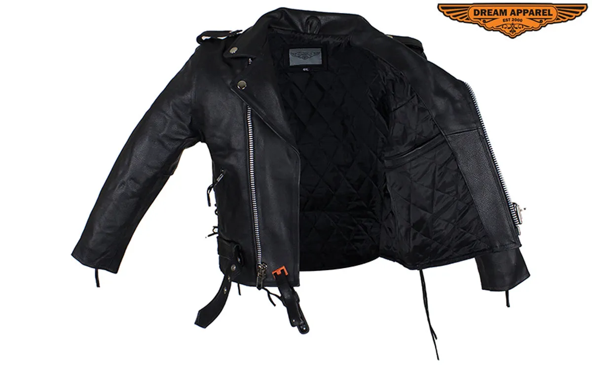 Teens Leather Motorcycle Jacket With Snap Down Collar