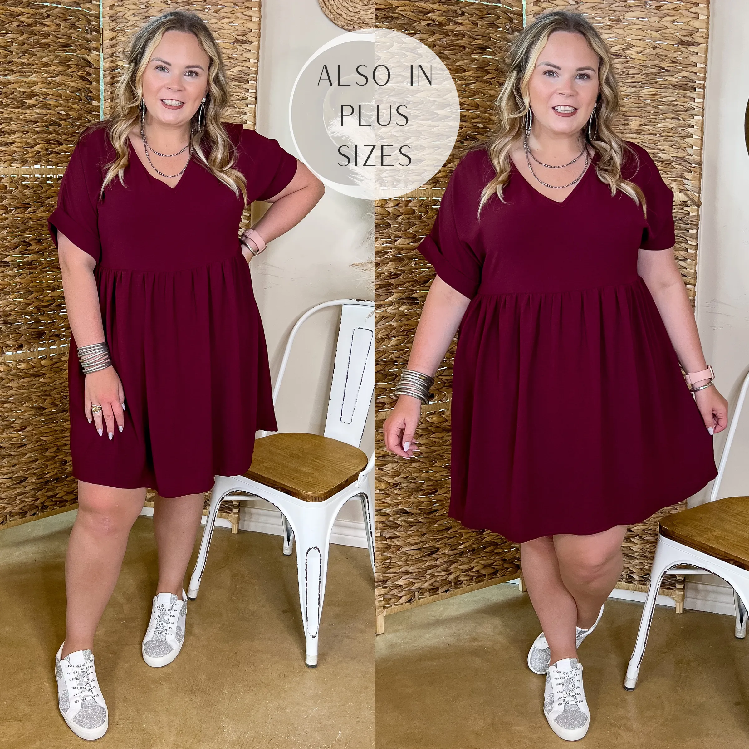 Touring the City V Neck Babydoll Dress in Maroon