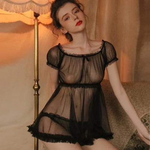 Transparent Delicate Gauze Babydoll Mini Dress Set