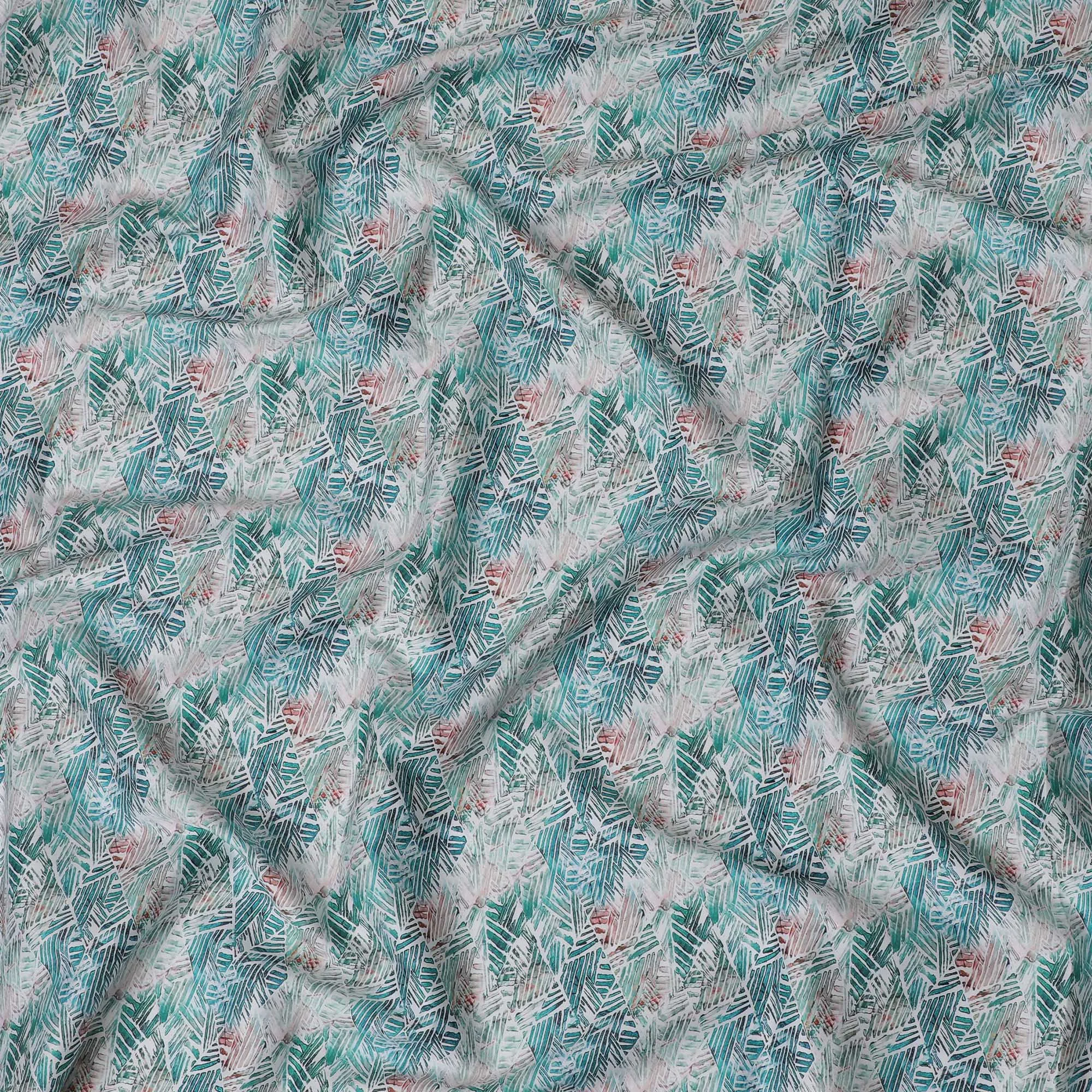 Tropical Aqua Cotton Satin Fabric with Coral Leaf Impressions, 110 cm Wide-D19201