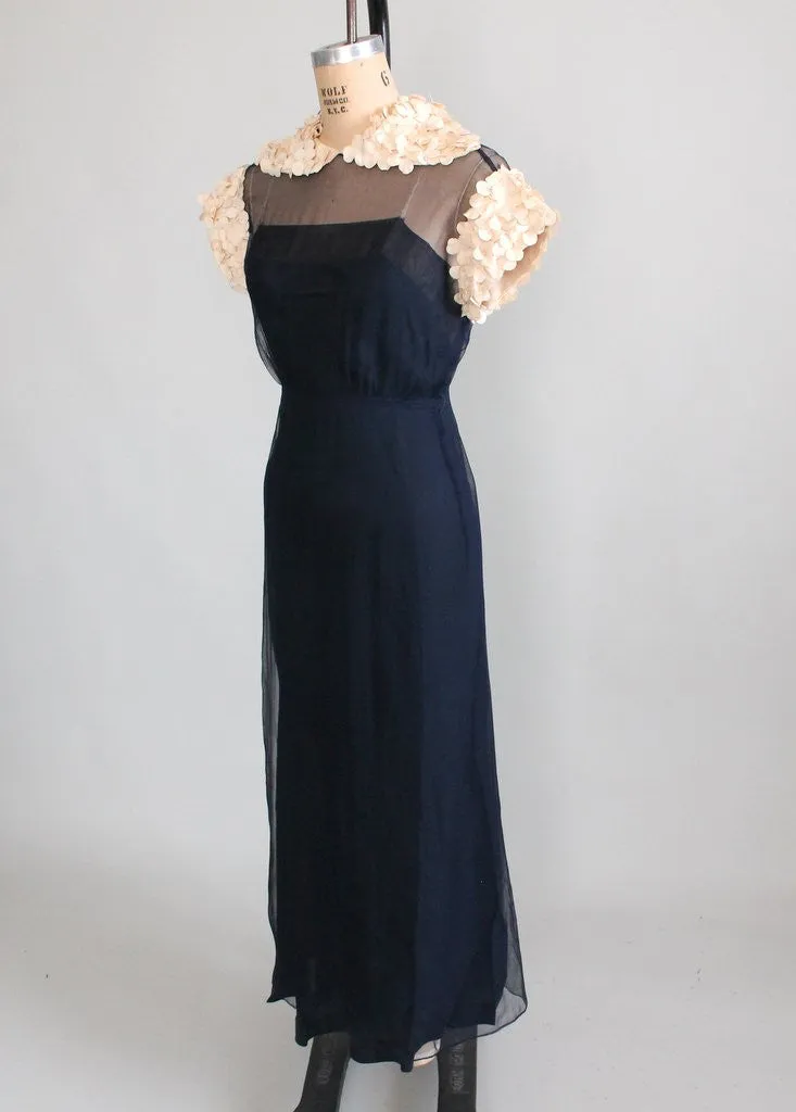 Vintage 1930s Navy Chiffon Petal Sleeves Evening Dress