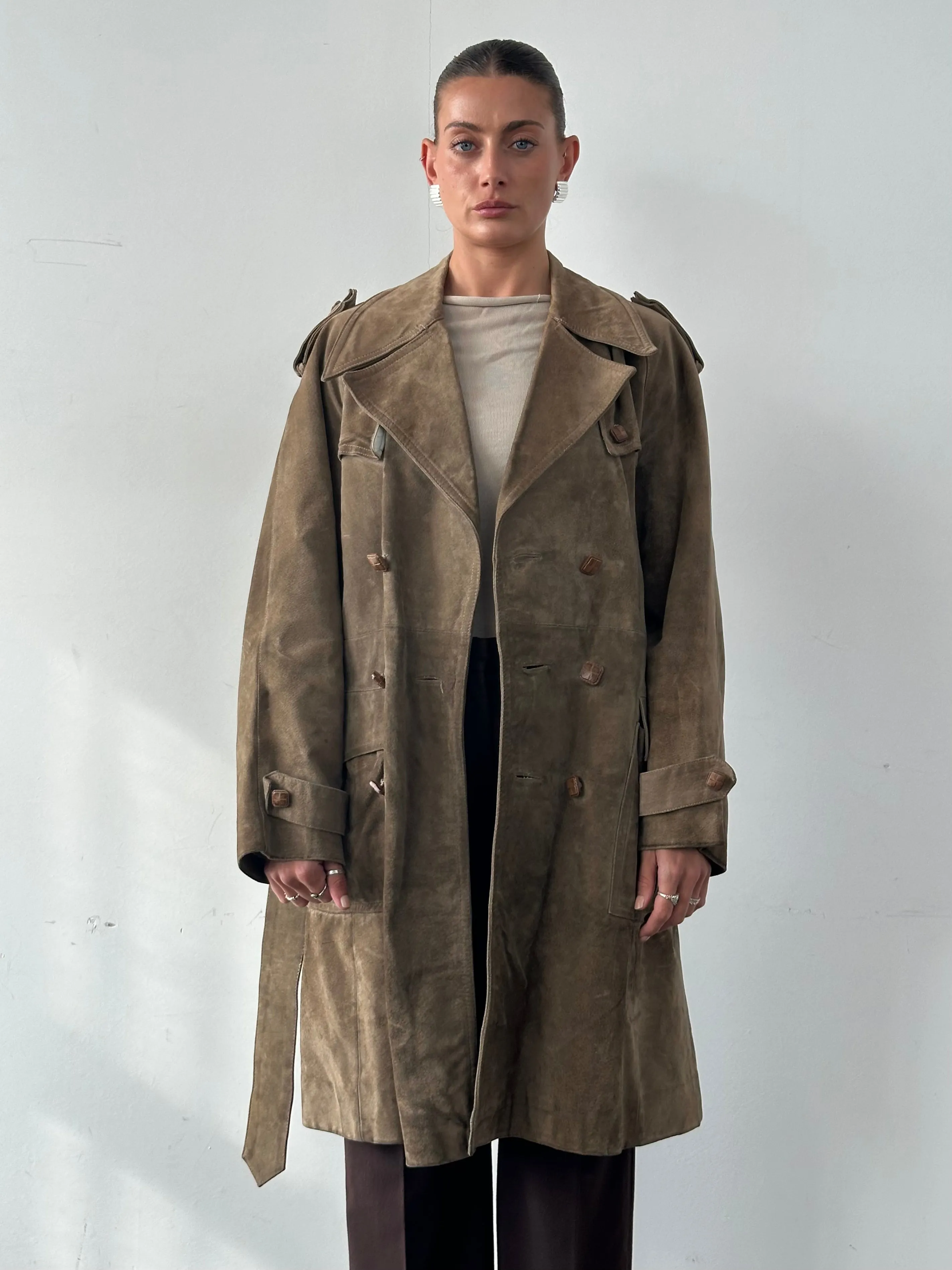 Vintage Pure Suede Belted Trench Coat - XL