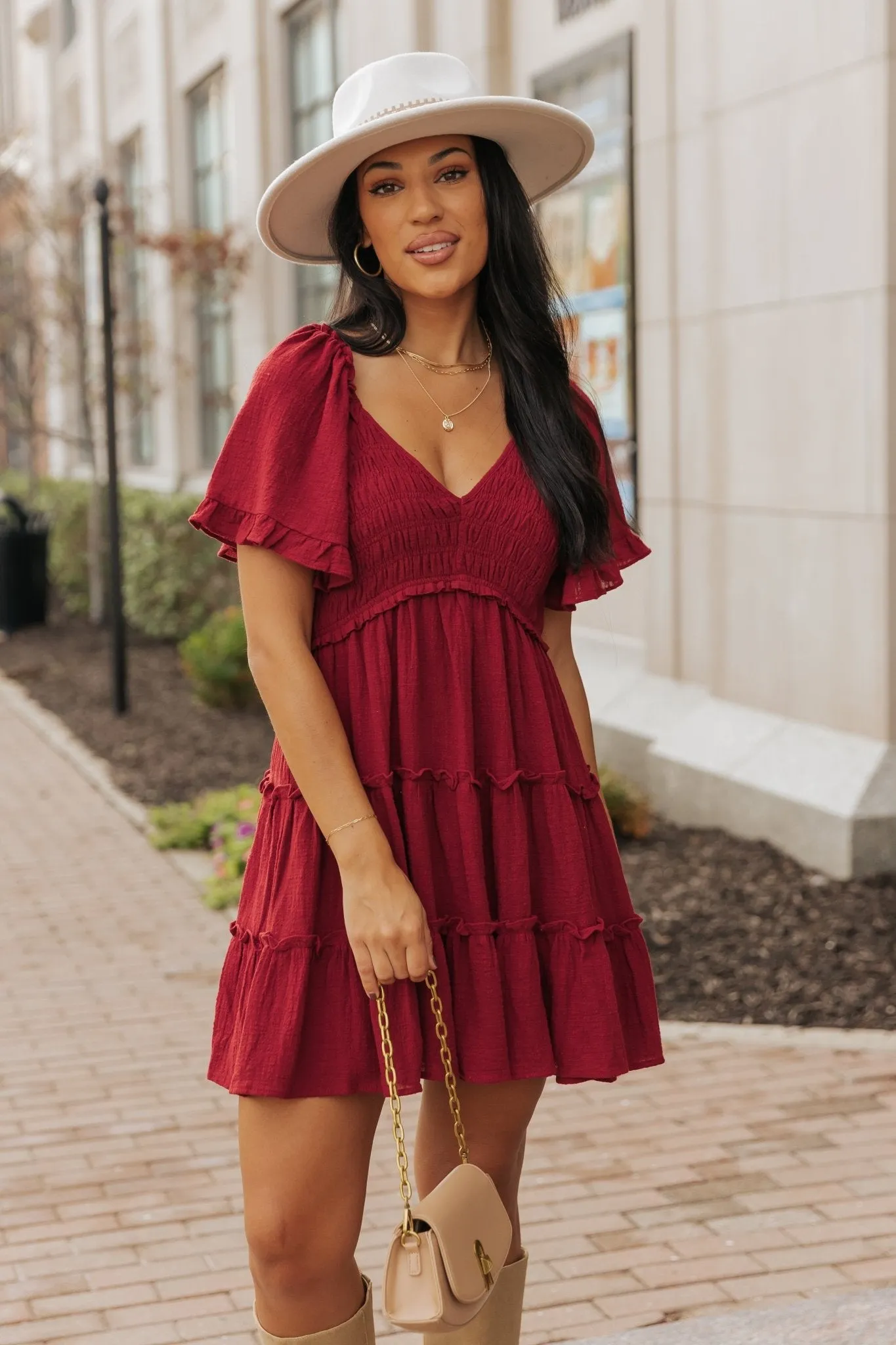 Wine Babydoll Smock Tiered Mini Dress - FINAL SALE