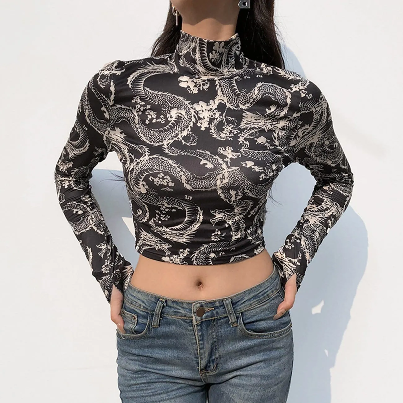 WLS Dragon Print Turtleneck Long Sleeve Tee