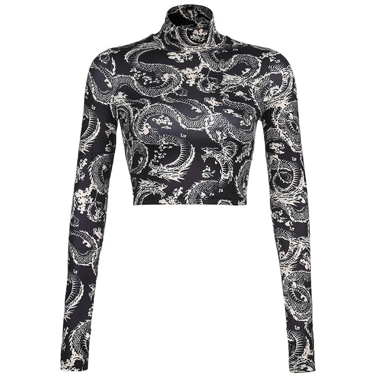 WLS Dragon Print Turtleneck Long Sleeve Tee