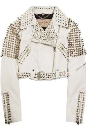 Woman Full White Punk Brando Spiked Studded Leather Jacket