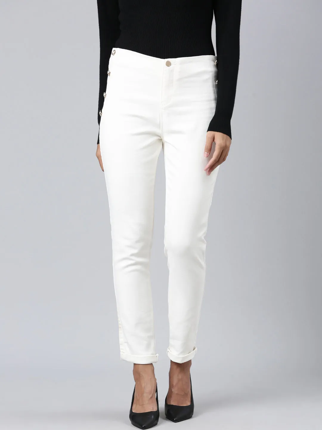 Women Off White Solid Slim Fit Denim Jeans