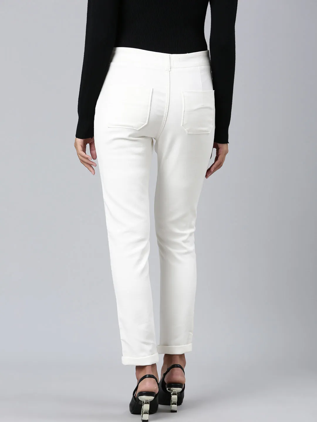 Women Off White Solid Slim Fit Denim Jeans