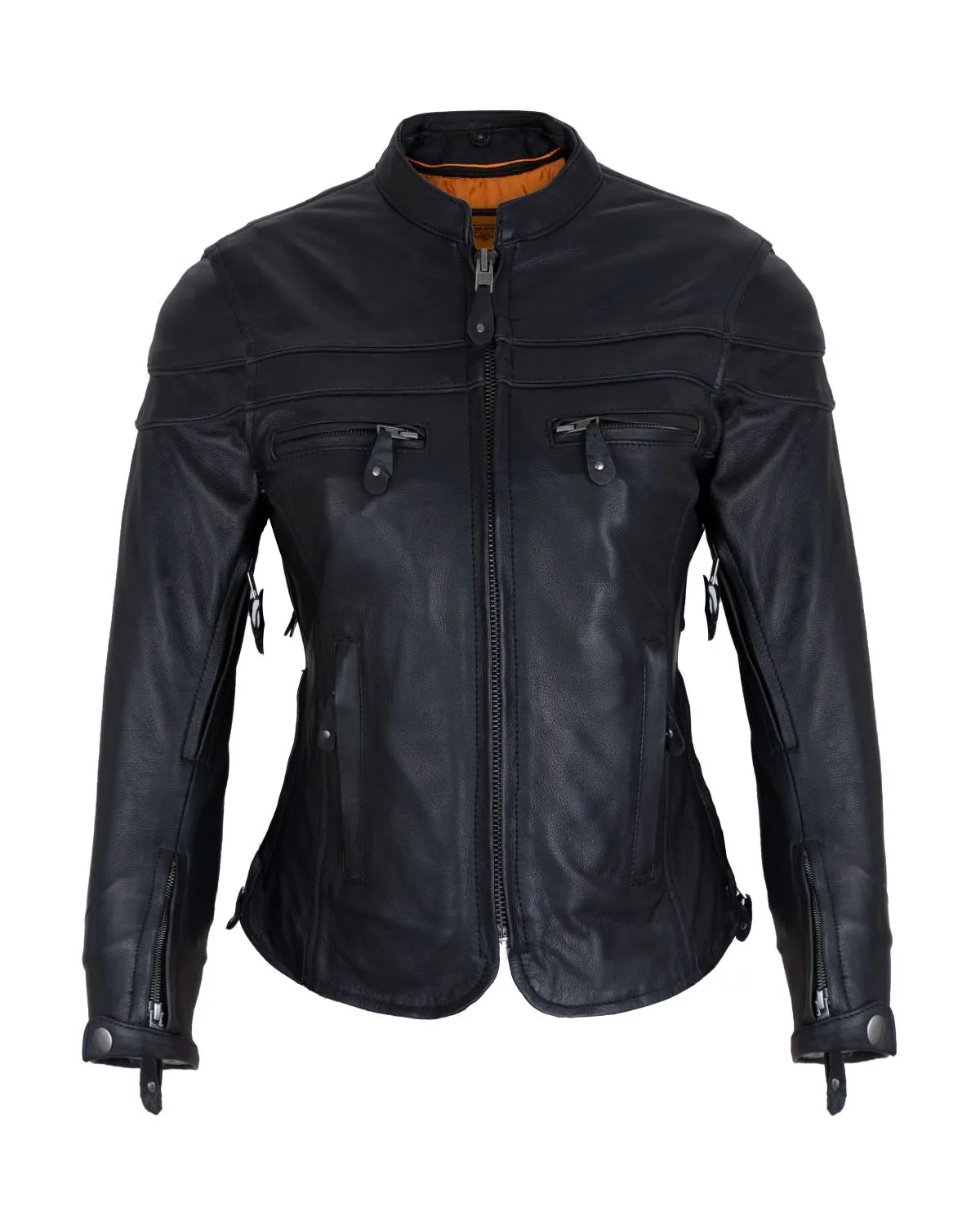 Women's Black Leather Jacket with Gun Pockets