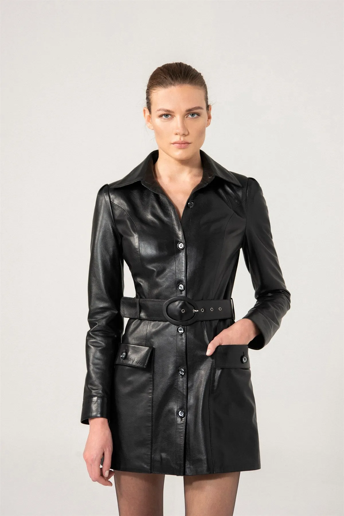 Women’s Black Sheepskin Leather Trucker Trench Coat