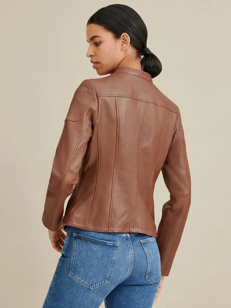 Women’s Brown Leather Biker Jacket Crew Neck