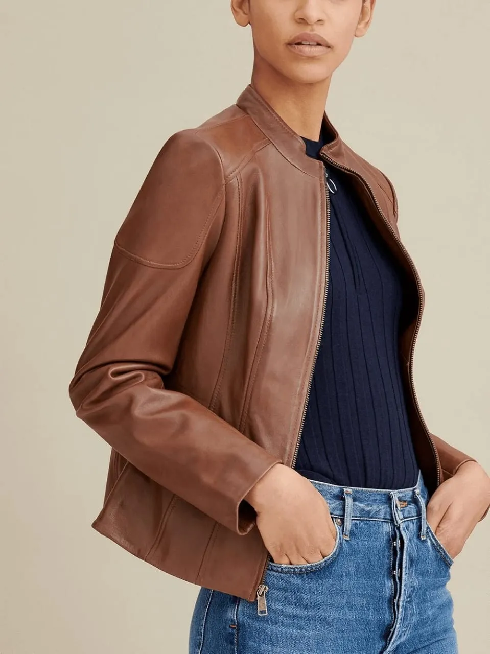 Women’s Brown Leather Biker Jacket Crew Neck