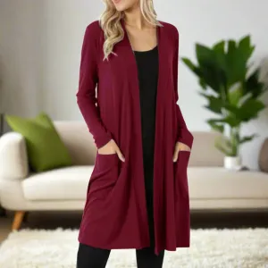 Womens Maroon Cardigan, Long Pocket Duster, Sizes S/M/L/XL, Solid Maroon