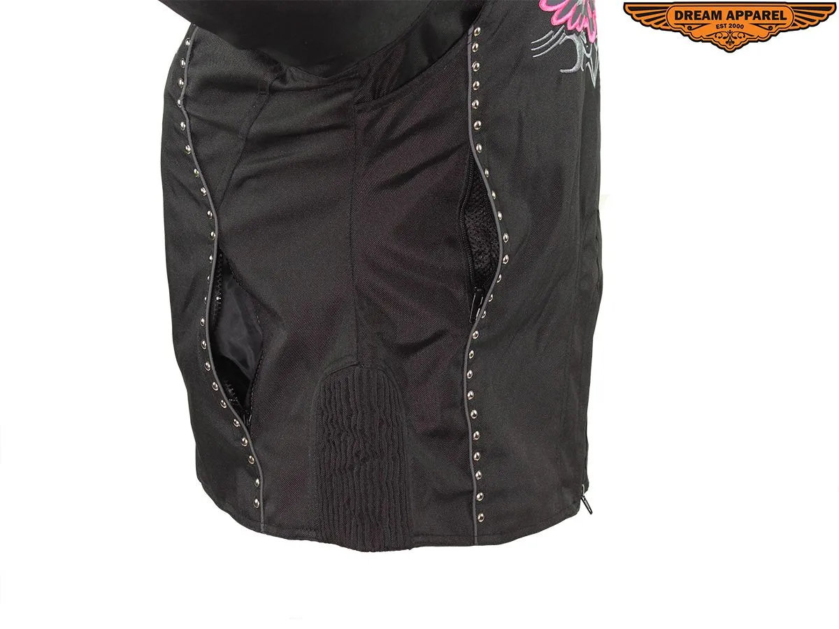 Women's Studed Motorcycle Textile Jacket With Pink Hoodie & Sull & Wings