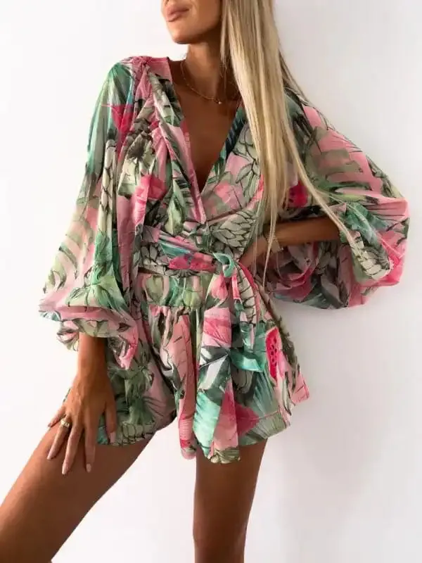 Women’s Woven Floral Long-Sleeved Shorts V-Neck Tropical Rainforest Jumpsuit