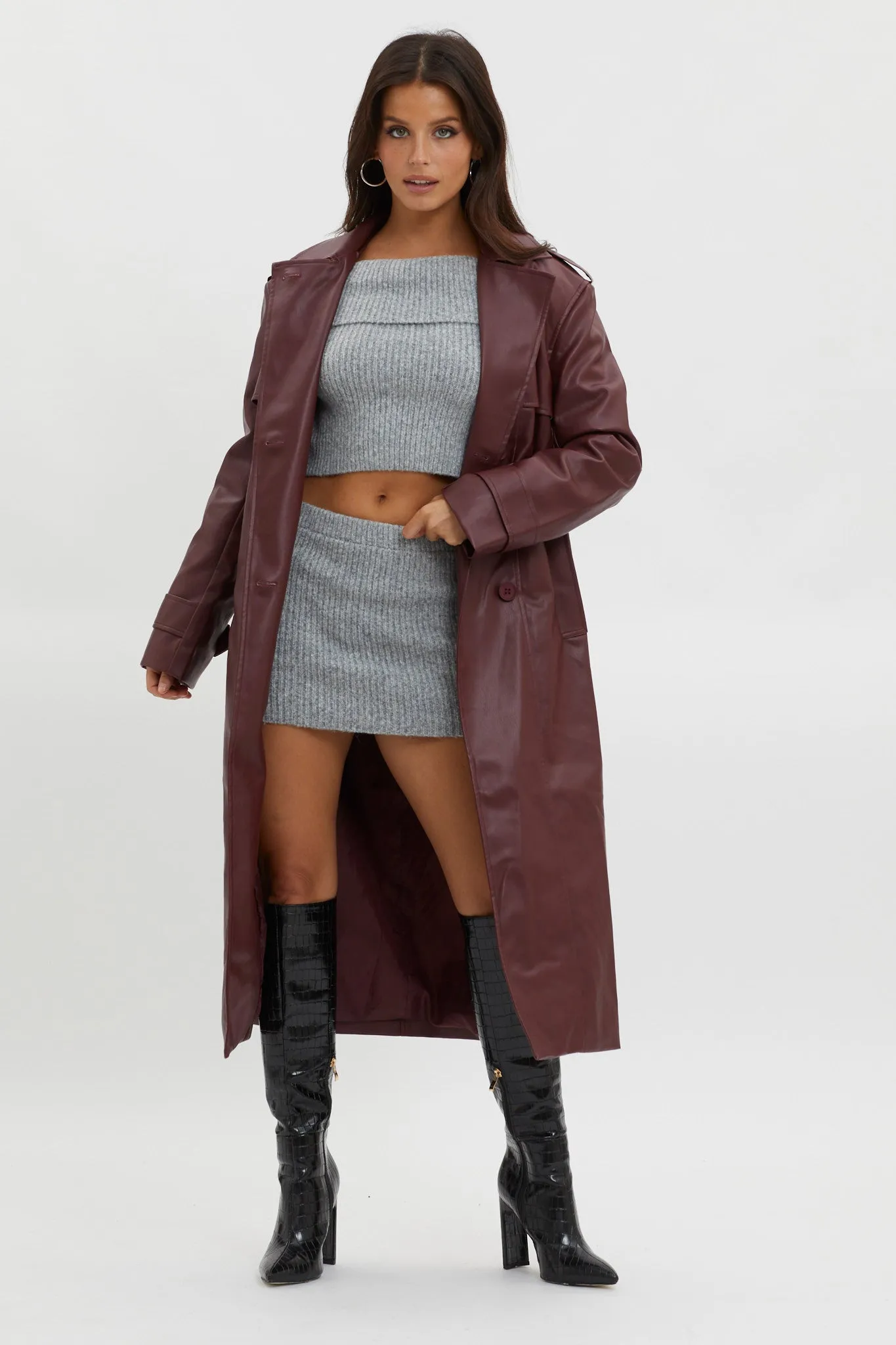 Zen Faux Leather Trench Coat Burgundy