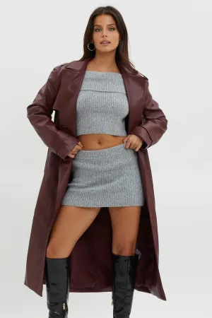 Zen Faux Leather Trench Coat Burgundy