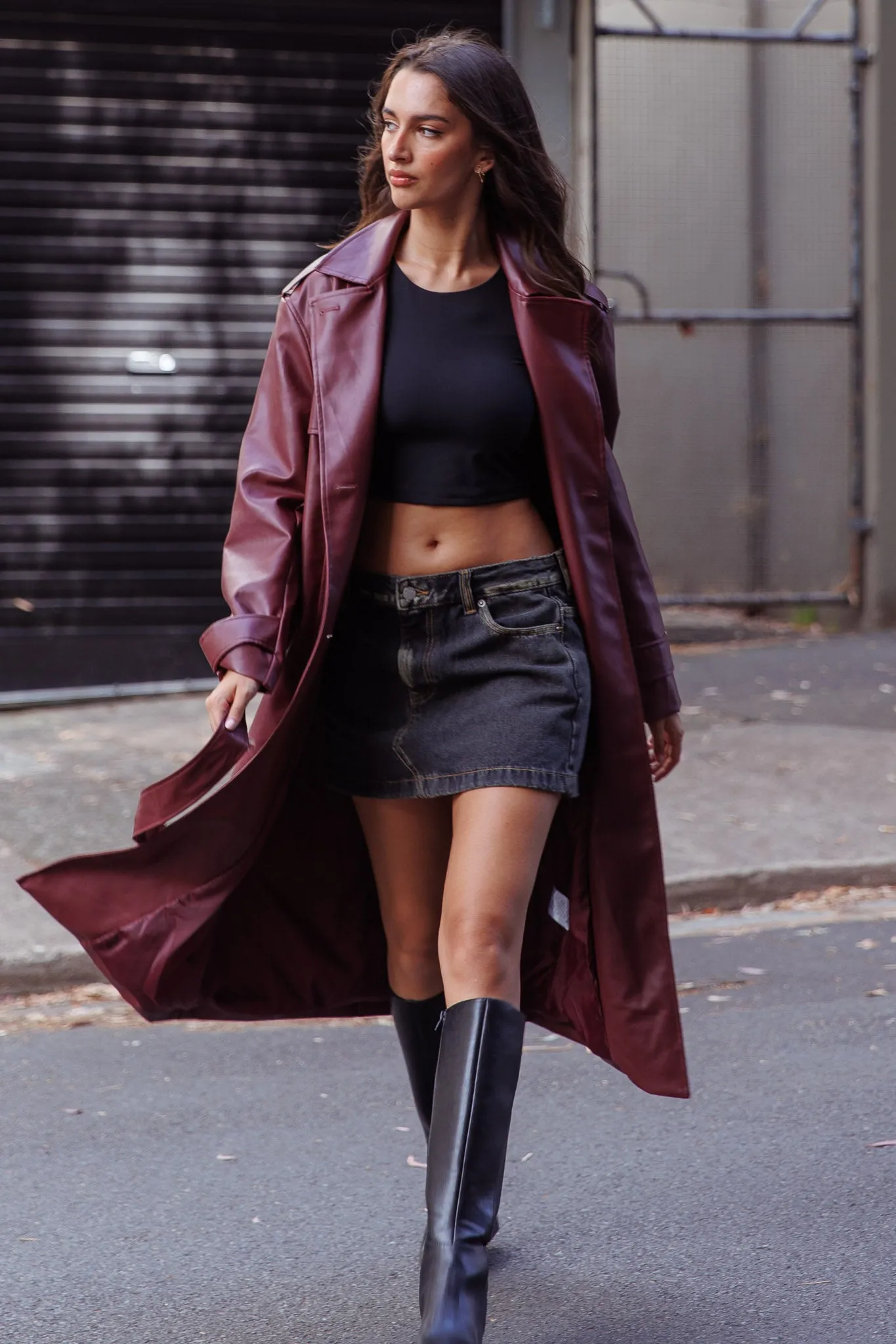 Zen Faux Leather Trench Coat Burgundy