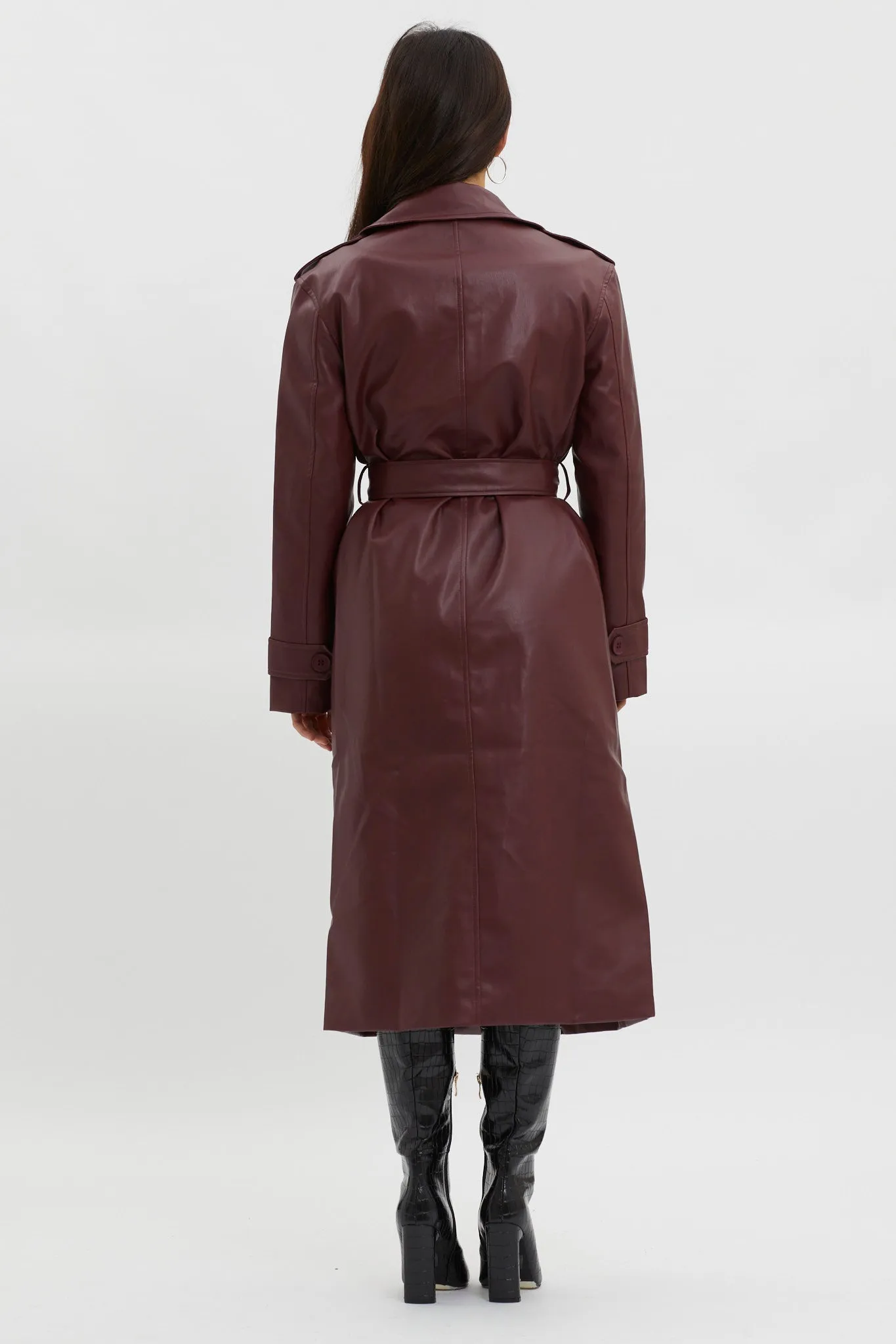 Zen Faux Leather Trench Coat Burgundy