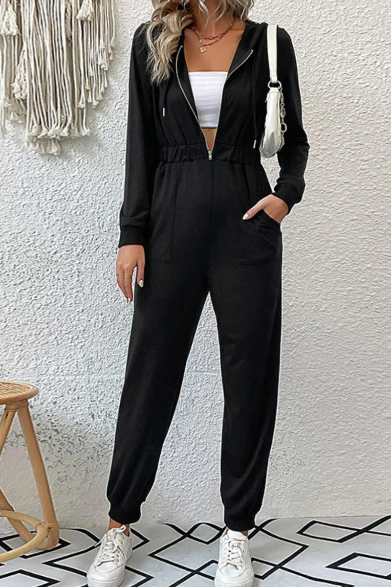 Zip Up Elastic Waist Hooded Jogger Jumpsuit